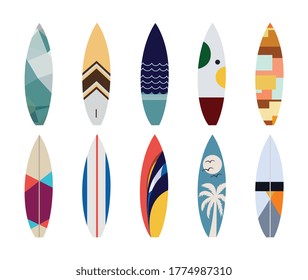 Collection of surfboards with various patterns. Surfboards for extreme summer sports. Vector flat illustration isolated on a white background.