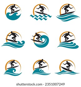 collection of surfing emblems with sea wave isolated on white background