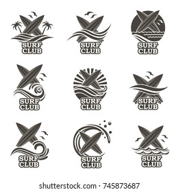 collection of of surfing emblems with sea wave