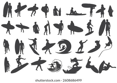 A collection of surfing silhouettes featuring different surf poses and actions. Ideal for sports, adventure, and ocean-themed designs