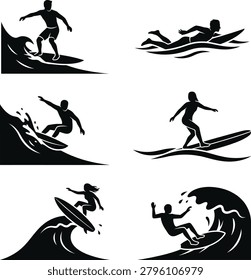 Collection of surfing silhouettes showing people riding waves on different surfboards water sport activity flat design vector.
