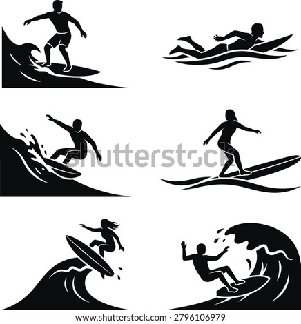 Collection of surfing silhouettes showing people riding waves on different surfboards water sport activity flat design vector.