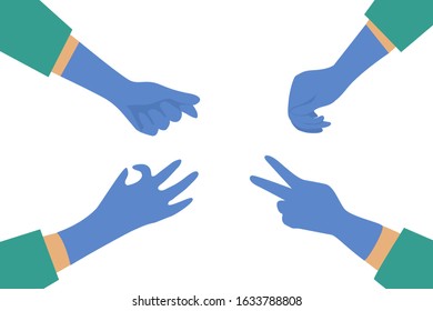 Collection of Surgeon hand putting on blue medical grove with love fighting great and ok sign hand vector