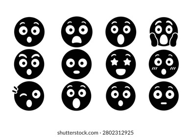 Collection of surprise and shock black circle emoticons with wide eyes and open mouths surprise astonished emoticon graphics expressions reactions startled unbelievable
