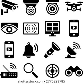 Collection of Surveillance and Security Technology Icons Featuring Cameras Drones and Monitoring Devices