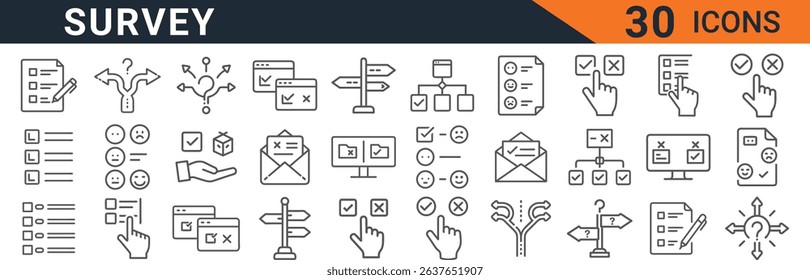 collection of survey icons for feedback forms, customer satisfaction and questionnaires. design elements for data collection, market research, and user experience. vector illustration set