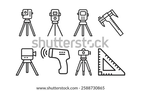  Collection of Surveying, Measurement, and Temperature Tools, laser level, gps, theodolite, icons, vector illustration