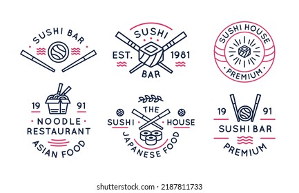Collection of sushi logos. Set of 6 trendy logos for sushi bars and restaurants isolated on white background. Vector illustration