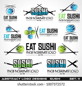 Collection of Sushi Restaurant flat style logo designs for food company brand design or flyers