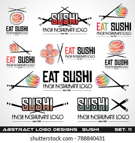 Collection of Sushi Restaurant flat style logo designs for food company brand design or flyers