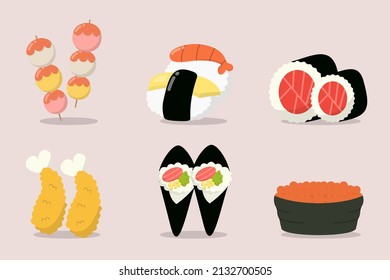 Collection of Sushi Set, Japanese food hand drawn various popular food, vector illustration