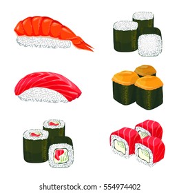 Collection of sushi types. Vector banner of asian rolls with white rice, salmon and other ingredients. Four groups of sushi and two rice piles covered with salmon and piece of sea fish on white.