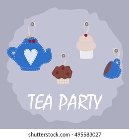 collection of suspended elements of the tea party. Cute vector illustration