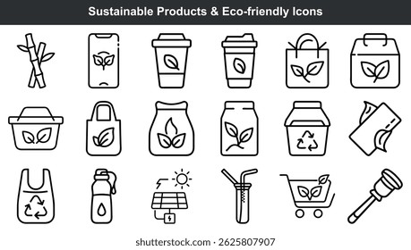 Collection of sustainable eco friendly icons illustrating various environmentally conscious products