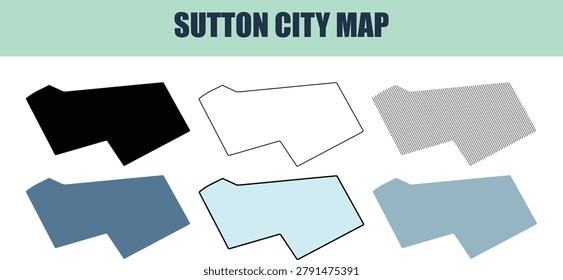 Collection of Sutton city map outlines and filled shapes in multiple color palettes for urban planning real estate or demographic analysis.