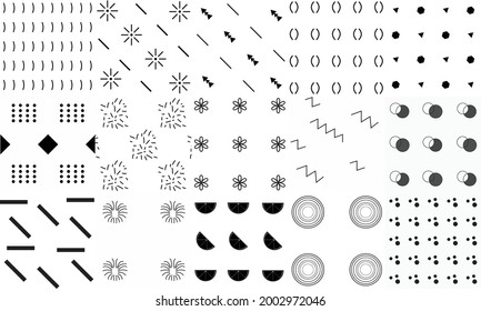 Collection of swatches Memphis patterns seamless. Fashion 80-90s. Black and white mosaic textures.