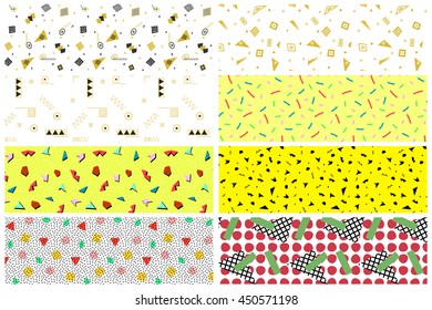 Collection of swatches memphis patterns - seamless. Retro fashion style 1980-1990s. Color mosaic geometric shapes.