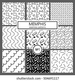 Collection of swatches memphis patterns - seamless. Fashion 80-90s. Black and white mosaic textures