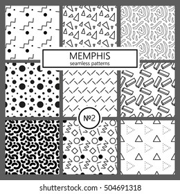 Collection of swatches memphis patterns - seamless. Fashion 80-90s. Black and white mosaic textures