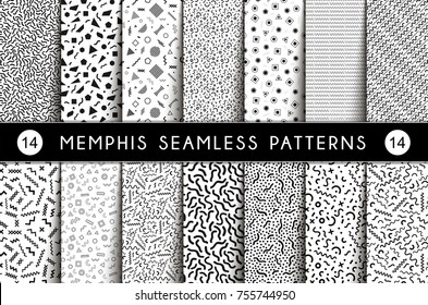 Collection of Swatches Memphis Seamless Pattern. Fashion 80-90s. Geometric Seamless Pattern Different Shapes Black and White Color Style. Vector Illustration