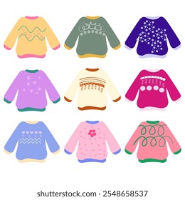 Collection of sweaters in pastel color. Cute snowflakes and floral pattern. Colorful vector illustration on white background. Clothes for children character. 