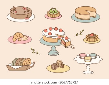A Collection Of Sweet Bakery Desserts. Outline Simple Vector Illustration.