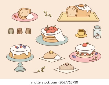 A collection of sweet bakery desserts. outline simple vector illustration.