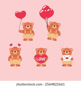 collection of sweet brown bear character for valentine, balloon, heart-shape balloon, heart headband, love and letter illustration