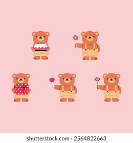 collection of sweet brown bear character for valentine, cake, flower, gift and lollipop illustration