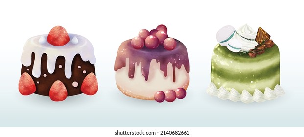 Collection of sweet cakes in watercolor vector design great for cards, banners, headers, party posters or decorate your artwork.