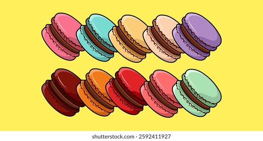 Collection Of Sweet Colorful Macaron Or Macaroon Soft Glossy Finish Chocolate Cream Filling Vector Illustration