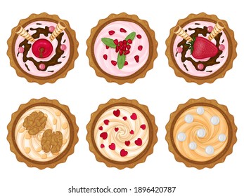 collection of sweet cupcakes with various fillings. Cartoon style. Vector illustration. Isolated on white.