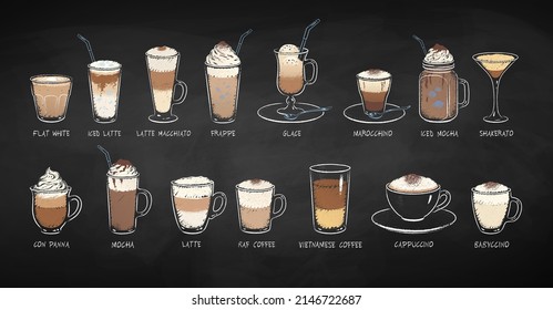 Colección de bebidas dulces de café de postre aisladas en el fondo negro de la pizarra. Ilustraciones de grunge con tiza vectorial dibujadas con sideview.