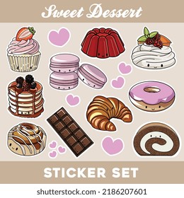 Collection of Sweet dessert. Delicious snack. vanilla cupcake, jelly, pavlova, pancake, macarons, macaroons, donut, croissant, chocolate bar, cinnamon rolls, roll cake.