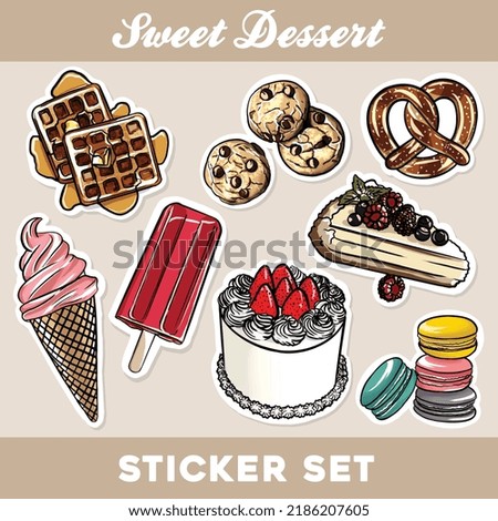 Collection of Sweet dessert. Delicious snack. waffle, cookies, biscuits, choc chip, pretzel, ice cream, popsicle, strawberry cake, blueberry raspberry pie, macaroons, macarons