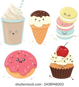 Collection of sweet desserts, ice cream, donut, cupcake, macaron, coffee, milkshake isolated on white background