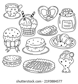 Collection of sweet food in hand drawn doodle style isolated on white background. Cakes, biscuits, baking, cookie, pastries, ice cream, macaroons, tea. Designs for dessert menu or food package design.