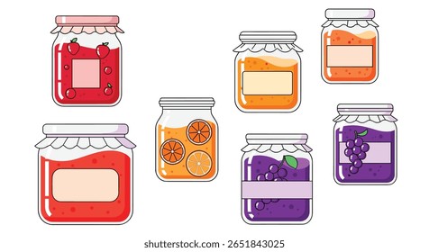 Coleção de conservas de frutas doces em frascos de vidro Espalhadas doces para o café da manhã e sobremesas