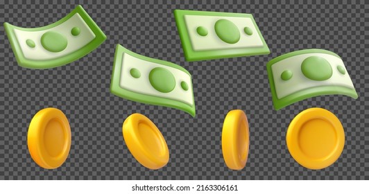 Collection sweet glossy money elements. Set cartoon 3d plastic banknote and coin isolated on transparent background. Realistic symbol or icon. Vector illustration for game, banking, finance business.