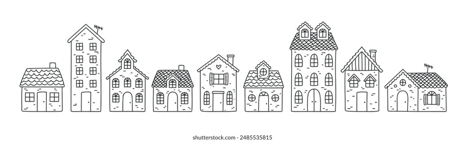 Kollektion von süßen Häusern im Doodle-Stil. Mit kreativen Dächern und Fenstern. Vektorillustration für Haussymbol, Dorf, Stadtelement