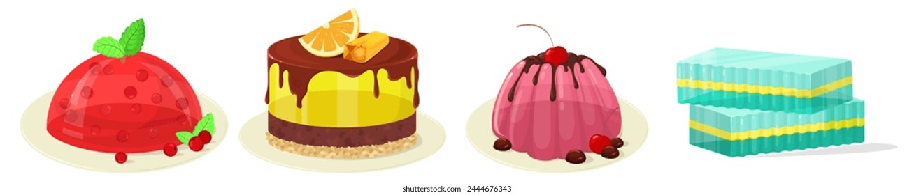 Kollektion von süßen Gelee-Kuchen und Kuchen bunte Desserts Vektorillustration auf weißem Hintergrund. Gesundes organisches fruchtiges gelatineartiges Zucker-Snack-Set