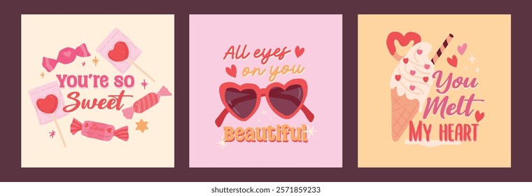 Collection of  Sweet Love Season and Valentines typography quote of candy, sun glass and ice cream vector illustration