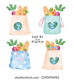 collection of sweet pastel Eco-Friendly reusable shopping bag full of fresh vegetables watercolor hand drawing illustration