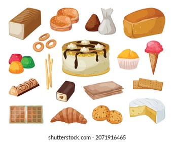 Collection of sweet pastries and desserts in realistic style.