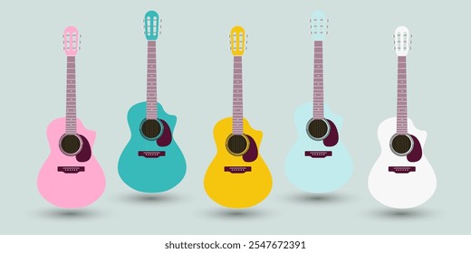 The collection of Sweet pink guitar vector on isplated background in blue. Set of five beauty color guitars wooden icon on light blue background.