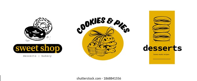 Kollektion von süßen Shop und Desserts Logo Design mit handgezeichnet Donut, Cookies, Cupcakes und Macarons Illustration. Vektordoodle-Stil. Für das Markenzeichen Café.