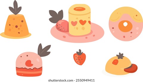 A collection of sweet treats is depicted in this illustration. The desserts include a pudding, a roll, a donut, a layered cake, a strawberry, and a pastry. 