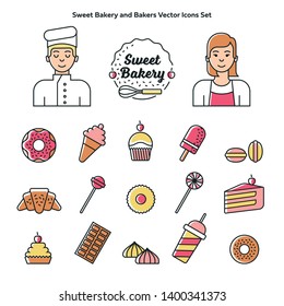 Collection of Sweets and Bakery Icons, line and color vector, illustration flat design. Set of signs for infographic, app, website design, social media.  Included logo example and bakers characters.