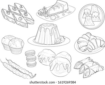 collection. sweets. black and white contour drawings
