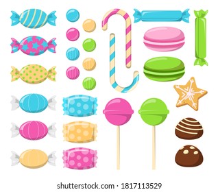 Collection of sweets and candies vector isolated. Set of colorful desserts. Delicious lollipopand macaron. Strawberry, fruit and apple taste.